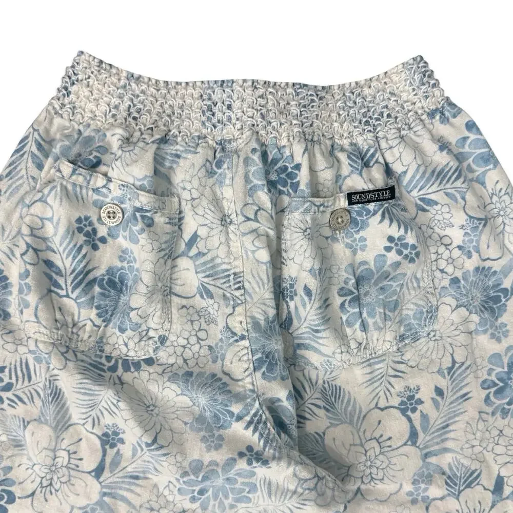 Beau Dawson Blue White Floral Linen Blend Wide Leg Tie Front Pants size L 10 12